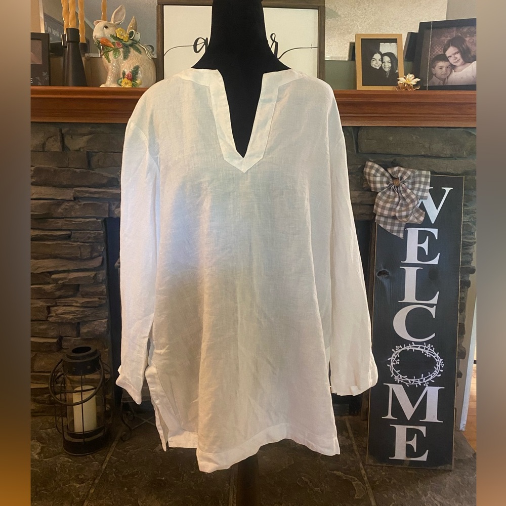 Chaps White Linen V Neck Tunic